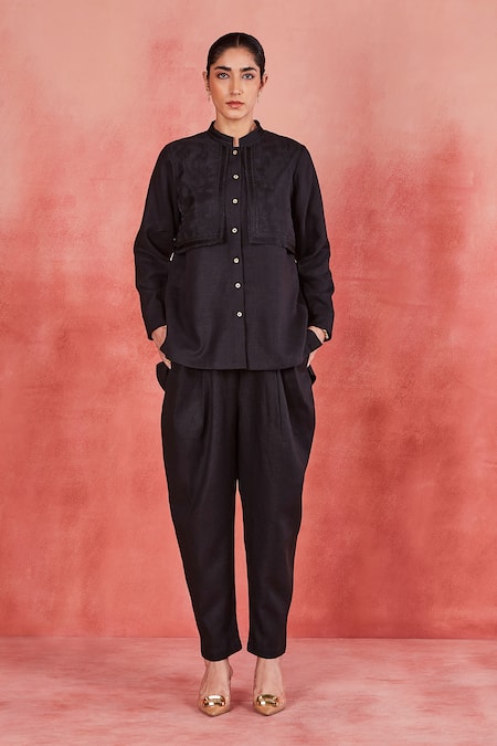 Sue Mue Avya Pure Linen Embroidered Shirt & Pleated Pant Set 