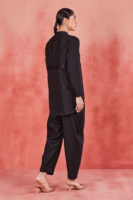 Shop Sue Mue Black Linen Embroidery Bandeau Neck Avya Pure Shirt And Pleated Pant Set at Aza Fashions Shop_Sue Mue_Black Linen Embroidery Bandeau Neck Avya Pure Shirt And Pleated Pant Set _at_Aza_Fashions