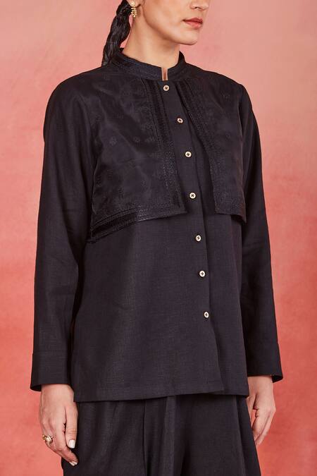 Buy Sue Mue Black Linen Embroidery Bandeau Neck Avya Pure Shirt And Pleated Pant Set Online at Aza Fashions Buy_Sue Mue_Black Linen Embroidery Bandeau Neck Avya Pure Shirt And Pleated Pant Set _Online_at_Aza_Fashions