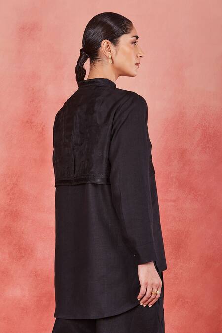 Shop Sue Mue Black Linen Embroidery Bandeau Neck Avya Pure Shirt And Pleated Pant Set Online at Aza Fashions Shop_Sue Mue_Black Linen Embroidery Bandeau Neck Avya Pure Shirt And Pleated Pant Set _Online_at_Aza_Fashions