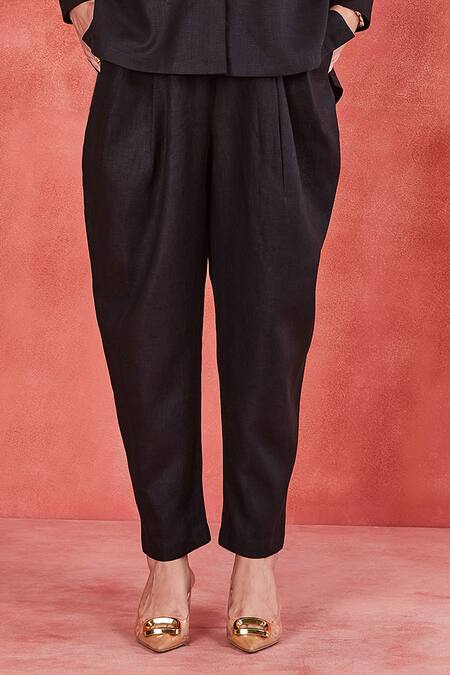 Sue Mue Black Linen Embroidery Bandeau Neck Avya Pure Shirt And Pleated Pant Set at Aza Fashions Sue Mue_Black Linen Embroidery Bandeau Neck Avya Pure Shirt And Pleated Pant Set _at_Aza_Fashions
