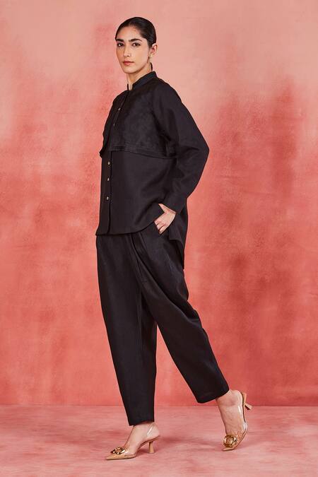 Buy Sue Mue Black Linen Embroidery Bandeau Neck Avya Pure Shirt And Pleated Pant Set Buy_Sue Mue_Black Linen Embroidery Bandeau Neck Avya Pure Shirt And Pleated Pant Set