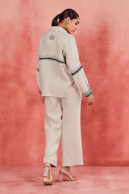 Shop Sue Mue Beige Linen Embroidery Collared Akshi Thread Placement Shirt And Pant Set at Aza Fashions Shop_Sue Mue_Beige Linen Embroidery Collared Akshi Thread Placement Shirt And Pant Set _at_Aza_Fashions