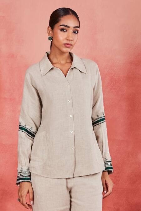 Sue Mue Beige Linen Embroidery Collared Akshi Thread Placement Shirt And Pant Set Online at Aza Fashions Sue Mue_Beige Linen Embroidery Collared Akshi Thread Placement Shirt And Pant Set _Online_at_Aza_Fashions