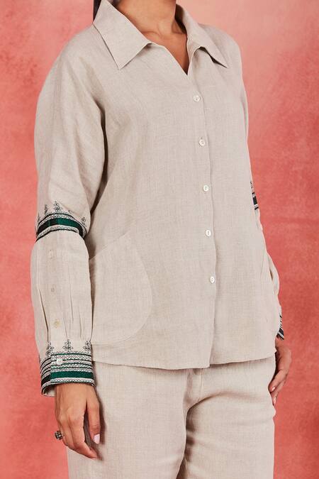Buy Sue Mue Beige Linen Embroidery Collared Akshi Thread Placement Shirt And Pant Set Online at Aza Fashions Buy_Sue Mue_Beige Linen Embroidery Collared Akshi Thread Placement Shirt And Pant Set _Online_at_Aza_Fashions