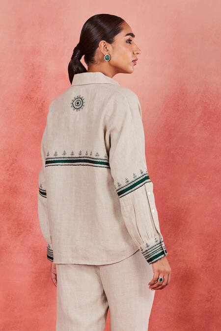 Shop Sue Mue Beige Linen Embroidery Collared Akshi Thread Placement Shirt And Pant Set Online at Aza Fashions Shop_Sue Mue_Beige Linen Embroidery Collared Akshi Thread Placement Shirt And Pant Set _Online_at_Aza_Fashions