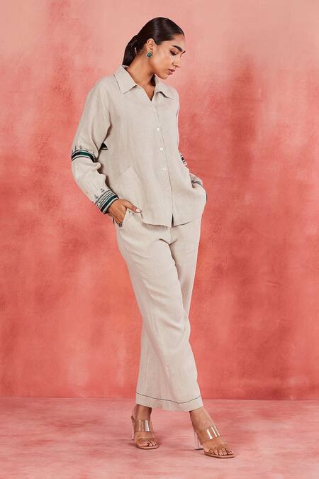 Sue Mue Beige Linen Embroidery Collared Akshi Thread Placement Shirt And Pant Set at Aza Fashions Sue Mue_Beige Linen Embroidery Collared Akshi Thread Placement Shirt And Pant Set _at_Aza_Fashions