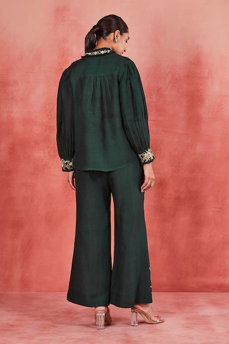Shop Sue Mue Green Linen Embroidery Bandeau Neck Jeeva Collar Top And Pant Set at Aza Fashions Shop_Sue Mue_Green Linen Embroidery Bandeau Neck Jeeva Collar Top And Pant Set _at_Aza_Fashions