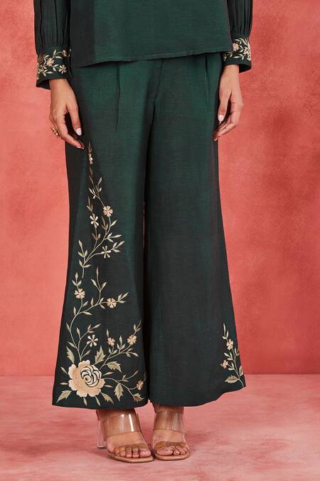 Buy Sue Mue Green Linen Embroidery Bandeau Neck Jeeva Collar Top And Pant Set Online at Aza Fashions Buy_Sue Mue_Green Linen Embroidery Bandeau Neck Jeeva Collar Top And Pant Set _Online_at_Aza_Fashions