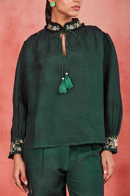 Shop Sue Mue Green Linen Embroidery Bandeau Neck Jeeva Collar Top And Pant Set Online at Aza Fashions Shop_Sue Mue_Green Linen Embroidery Bandeau Neck Jeeva Collar Top And Pant Set _Online_at_Aza_Fashions