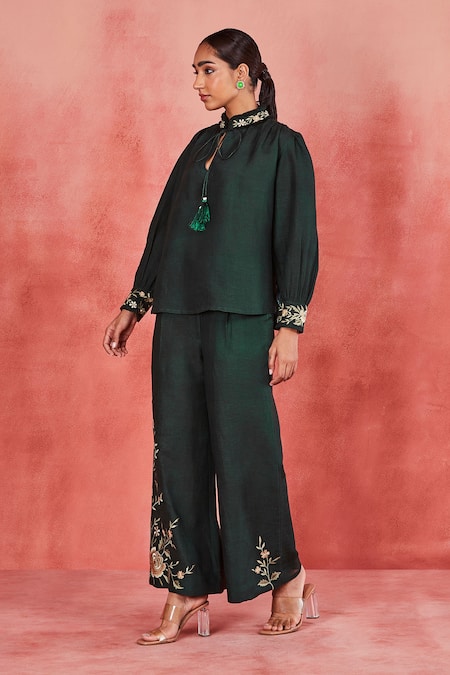 Buy Sue Mue Green Linen Embroidery Bandeau Neck Jeeva Collar Top And Pant Set Buy_Sue Mue_Green Linen Embroidery Bandeau Neck Jeeva Collar Top And Pant Set