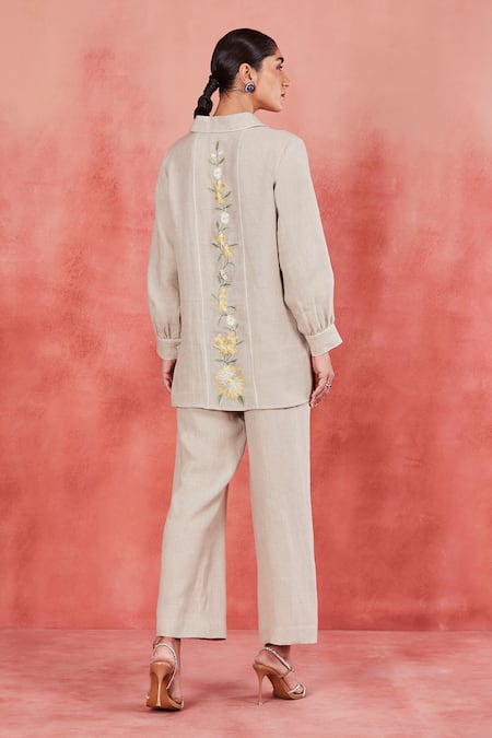 Shop Sue Mue Beige Linen Embroidery Collared Tisya Floral Placement Shirt And Pant Set at Aza Fashions Shop_Sue Mue_Beige Linen Embroidery Collared Tisya Floral Placement Shirt And Pant Set _at_Aza_Fashions