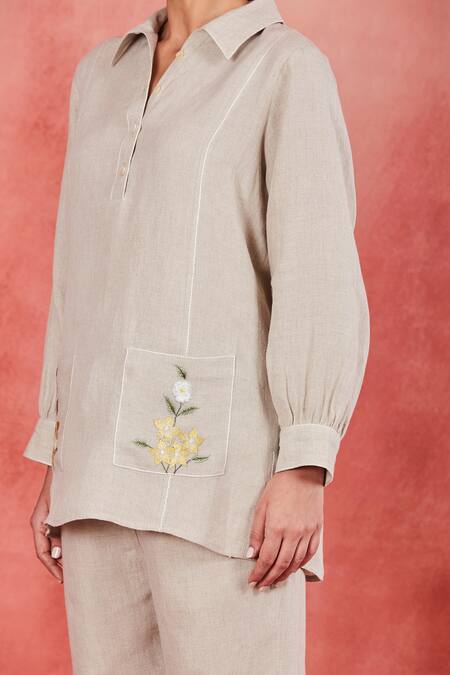 Sue Mue Beige Linen Embroidery Collared Tisya Floral Placement Shirt And Pant Set Online at Aza Fashions Sue Mue_Beige Linen Embroidery Collared Tisya Floral Placement Shirt And Pant Set _Online_at_Aza_Fashions