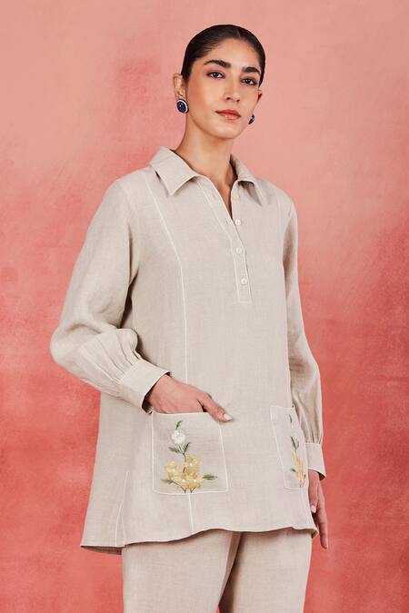 Buy Sue Mue Beige Linen Embroidery Collared Tisya Floral Placement Shirt And Pant Set Online at Aza Fashions Buy_Sue Mue_Beige Linen Embroidery Collared Tisya Floral Placement Shirt And Pant Set _Online_at_Aza_Fashions