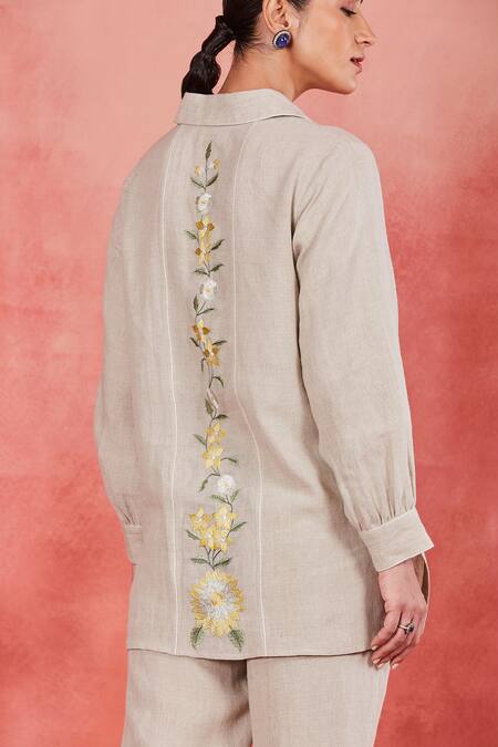 Shop Sue Mue Beige Linen Embroidery Collared Tisya Floral Placement Shirt And Pant Set Online at Aza Fashions Shop_Sue Mue_Beige Linen Embroidery Collared Tisya Floral Placement Shirt And Pant Set _Online_at_Aza_Fashions