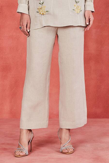 Sue Mue Beige Linen Embroidery Collared Tisya Floral Placement Shirt And Pant Set at Aza Fashions Sue Mue_Beige Linen Embroidery Collared Tisya Floral Placement Shirt And Pant Set _at_Aza_Fashions
