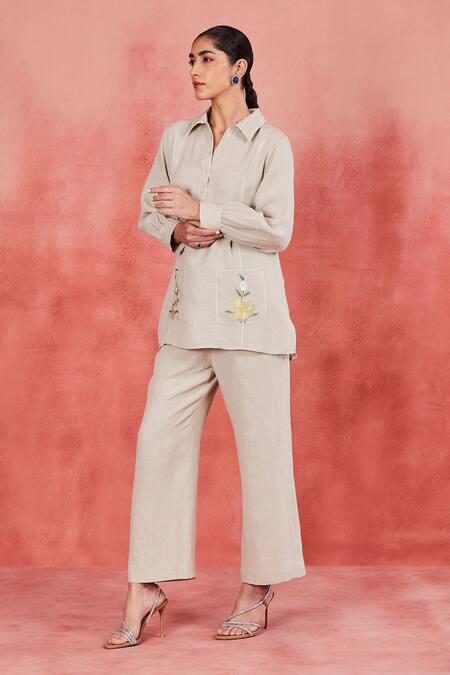 Buy Sue Mue Beige Linen Embroidery Collared Tisya Floral Placement Shirt And Pant Set Buy_Sue Mue_Beige Linen Embroidery Collared Tisya Floral Placement Shirt And Pant Set