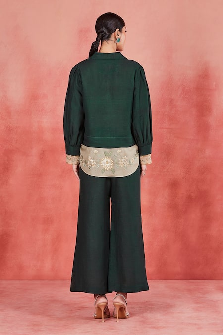 Shop Sue Mue Green Linen Embroidery Collared Reet Floral Border Shirt And Pant Set at Aza Fashions Shop_Sue Mue_Green Linen Embroidery Collared Reet Floral Border Shirt And Pant Set _at_Aza_Fashions