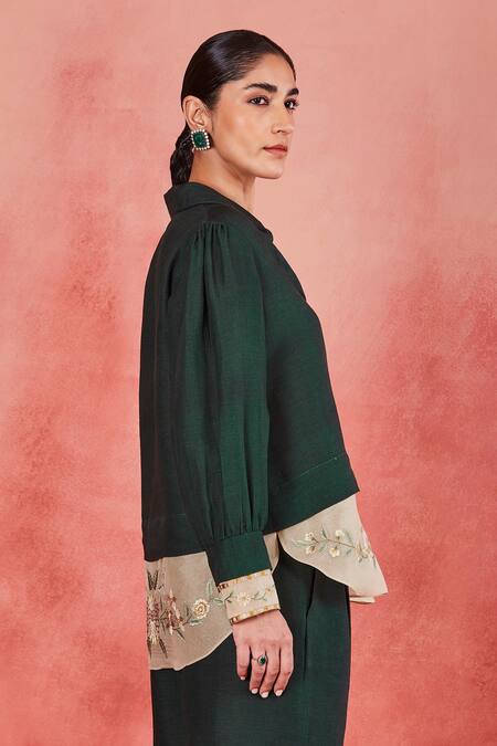 Buy Sue Mue Green Linen Embroidery Collared Reet Floral Border Shirt And Pant Set Online at Aza Fashions Buy_Sue Mue_Green Linen Embroidery Collared Reet Floral Border Shirt And Pant Set _Online_at_Aza_Fashions