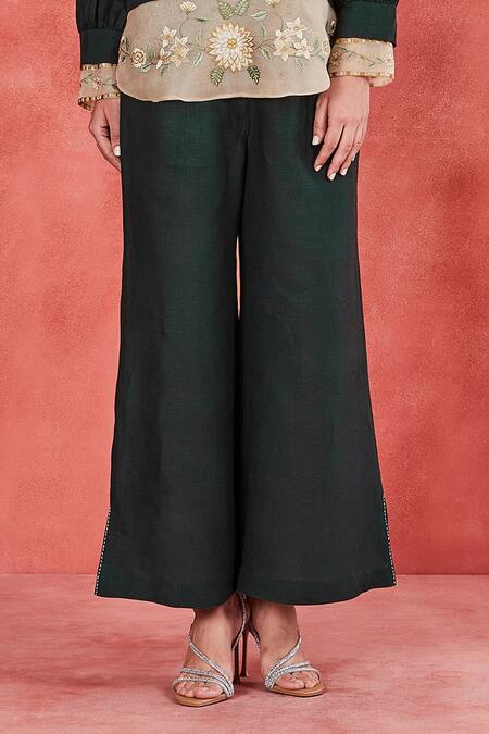 Shop Sue Mue Green Linen Embroidery Collared Reet Floral Border Shirt And Pant Set Online at Aza Fashions Shop_Sue Mue_Green Linen Embroidery Collared Reet Floral Border Shirt And Pant Set _Online_at_Aza_Fashions