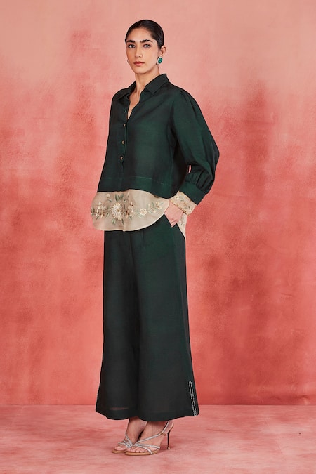 Sue Mue Green Linen Embroidery Collared Reet Floral Border Shirt And Pant Set at Aza Fashions Sue Mue_Green Linen Embroidery Collared Reet Floral Border Shirt And Pant Set _at_Aza_Fashions
