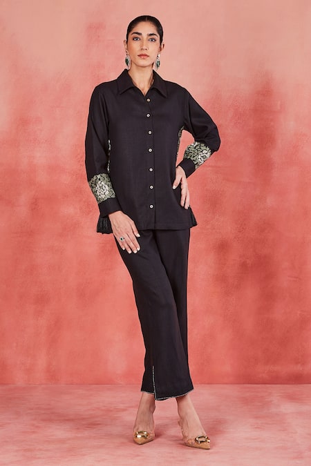 Sue Mue Uma Floral Sleeve Embroidered Shirt & Pant Set 