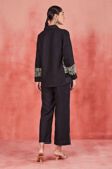 Shop Sue Mue Black Linen Embroidery Collared Uma Floral Sleeve Shirt And Pant Set at Aza Fashions Shop_Sue Mue_Black Linen Embroidery Collared Uma Floral Sleeve Shirt And Pant Set _at_Aza_Fashions