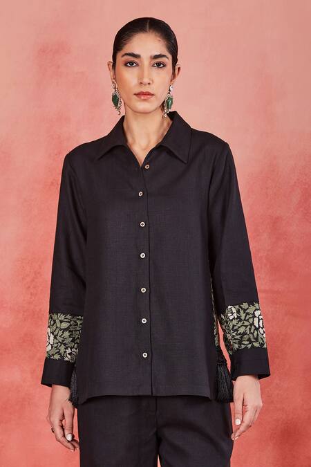 Sue Mue Black Linen Embroidery Collared Uma Floral Sleeve Shirt And Pant Set Online at Aza Fashions Sue Mue_Black Linen Embroidery Collared Uma Floral Sleeve Shirt And Pant Set _Online_at_Aza_Fashions