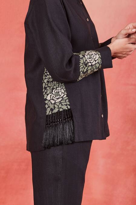 Buy Sue Mue Black Linen Embroidery Collared Uma Floral Sleeve Shirt And Pant Set Online at Aza Fashions Buy_Sue Mue_Black Linen Embroidery Collared Uma Floral Sleeve Shirt And Pant Set _Online_at_Aza_Fashions