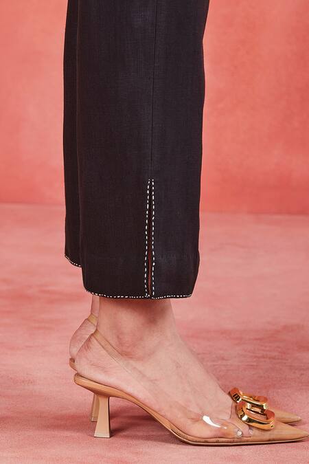 Shop Sue Mue Black Linen Embroidery Collared Uma Floral Sleeve Shirt And Pant Set Online at Aza Fashions Shop_Sue Mue_Black Linen Embroidery Collared Uma Floral Sleeve Shirt And Pant Set _Online_at_Aza_Fashions