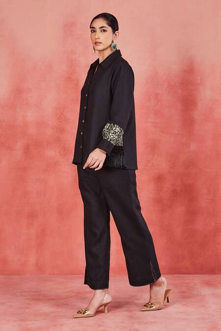 Sue Mue Black Linen Embroidery Collared Uma Floral Sleeve Shirt And Pant Set at Aza Fashions Sue Mue_Black Linen Embroidery Collared Uma Floral Sleeve Shirt And Pant Set _at_Aza_Fashions