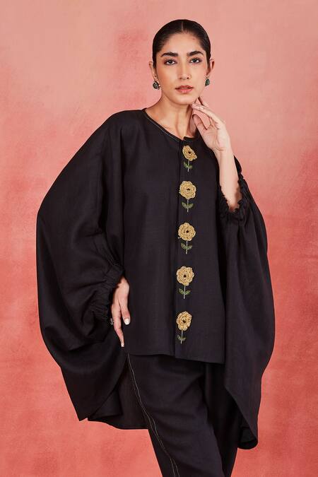 Sue Mue_Black Linen Embroidery, Zari Round Neck Ahana Placket Kaftan Top And Pant Set _Online_at_Aza_Fashions