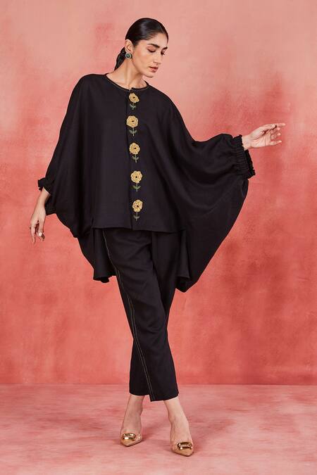 Buy_Sue Mue_Black Linen Embroidery, Zari Round Neck Ahana Placket Kaftan Top And Pant Set _Online_at_Aza_Fashions