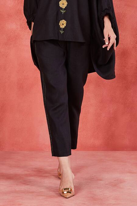 Shop_Sue Mue_Black Linen Embroidery, Zari Round Neck Ahana Placket Kaftan Top And Pant Set _Online_at_Aza_Fashions