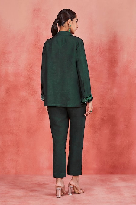 Shop Sue Mue Green Linen Crystals Collared Anura Swarovski Embellished Shirt And Pant Set at Aza Fashions Shop_Sue Mue_Green Linen Crystals Collared Anura Swarovski Embellished Shirt And Pant Set _at_Aza_Fashions