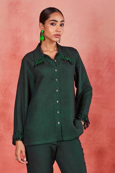 Sue Mue Green Linen Crystals Collared Anura Swarovski Embellished Shirt And Pant Set Online at Aza Fashions Sue Mue_Green Linen Crystals Collared Anura Swarovski Embellished Shirt And Pant Set _Online_at_Aza_Fashions