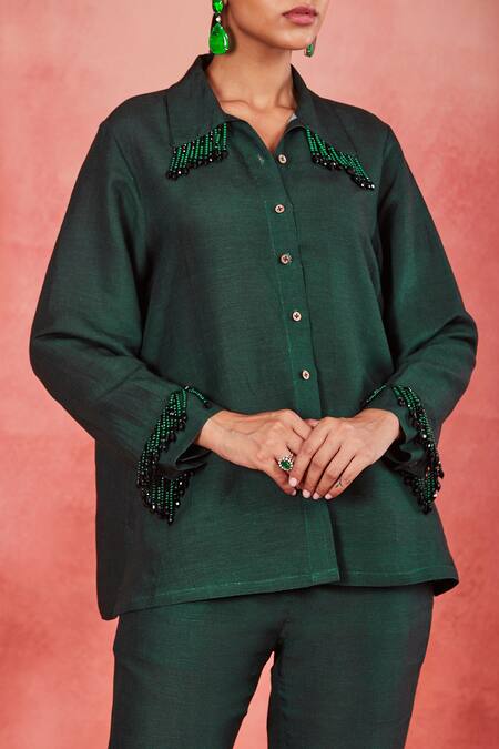 Buy Sue Mue Green Linen Crystals Collared Anura Swarovski Embellished Shirt And Pant Set Online at Aza Fashions Buy_Sue Mue_Green Linen Crystals Collared Anura Swarovski Embellished Shirt And Pant Set _Online_at_Aza_Fashions