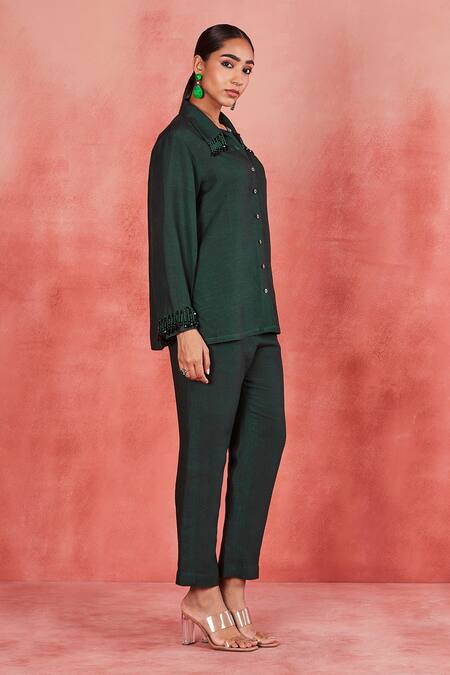 Sue Mue Green Linen Crystals Collared Anura Swarovski Embellished Shirt And Pant Set at Aza Fashions Sue Mue_Green Linen Crystals Collared Anura Swarovski Embellished Shirt And Pant Set _at_Aza_Fashions