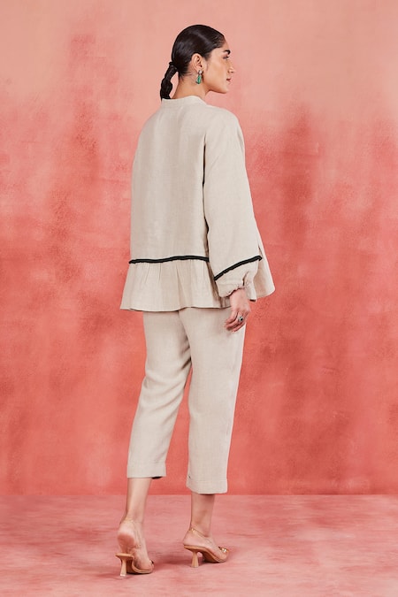Shop Sue Mue Beige Linen Lace Mandarin Collar Aria Embellished Top And Pant Set at Aza Fashions Shop_Sue Mue_Beige Linen Lace Mandarin Collar Aria Embellished Top And Pant Set _at_Aza_Fashions
