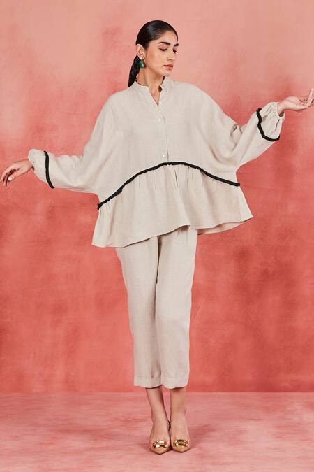 Sue Mue Beige Linen Lace Mandarin Collar Aria Embellished Top And Pant Set Online at Aza Fashions Sue Mue_Beige Linen Lace Mandarin Collar Aria Embellished Top And Pant Set _Online_at_Aza_Fashions