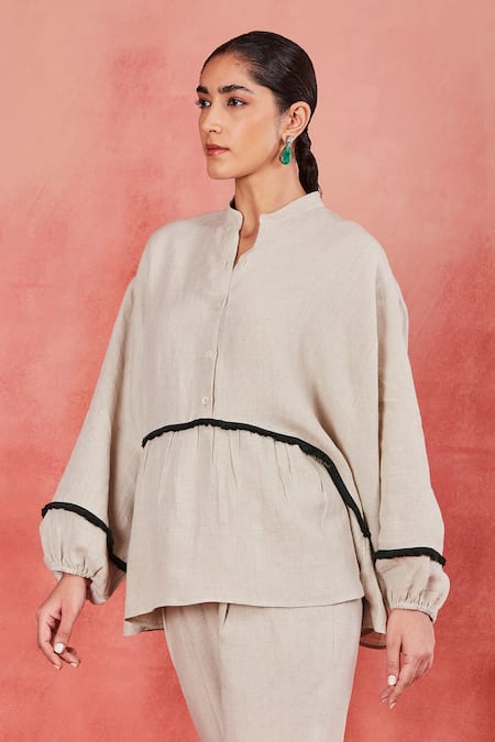 Buy Sue Mue Beige Linen Lace Mandarin Collar Aria Embellished Top And Pant Set Online at Aza Fashions Buy_Sue Mue_Beige Linen Lace Mandarin Collar Aria Embellished Top And Pant Set _Online_at_Aza_Fashions