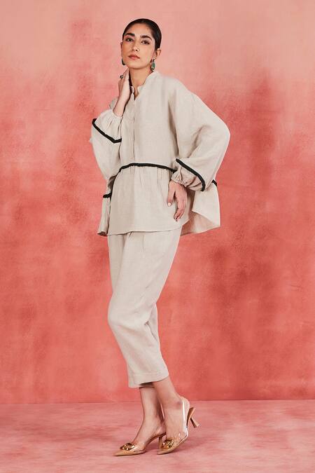 Sue Mue Beige Linen Lace Mandarin Collar Aria Embellished Top And Pant Set at Aza Fashions Sue Mue_Beige Linen Lace Mandarin Collar Aria Embellished Top And Pant Set _at_Aza_Fashions