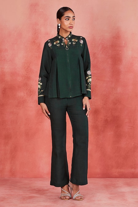 Sue Mue Bini Floral Yoke Embroidered Top & Flared Pant Set 