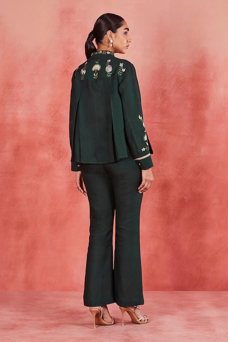 Sue Mue Bini Floral Yoke Embroidered Top & Flared Pant Set 