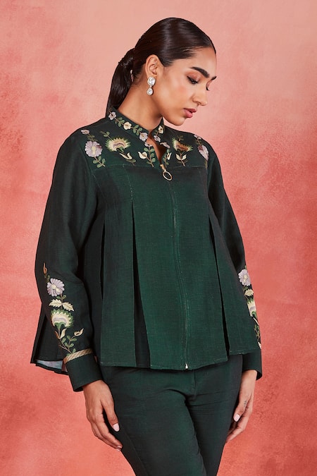 Sue Mue_Green Linen Embroidery Mandarin Collar Bini Floral Yoke Top And Flared Pant Set _Online_at_Aza_Fashions