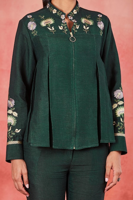 Buy_Sue Mue_Green Linen Embroidery Mandarin Collar Bini Floral Yoke Top And Flared Pant Set _Online_at_Aza_Fashions