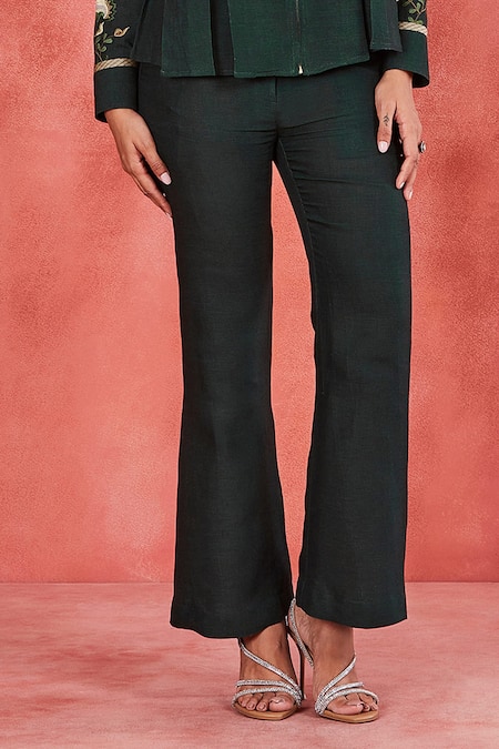 Shop_Sue Mue_Green Linen Embroidery Mandarin Collar Bini Floral Yoke Top And Flared Pant Set _Online_at_Aza_Fashions