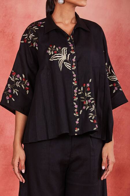 Sue Mue Black Linen Embroidery Collared Eka Threadwork Shirt And Pant Set Online at Aza Fashions Sue Mue_Black Linen Embroidery Collared Eka Threadwork Shirt And Pant Set _Online_at_Aza_Fashions