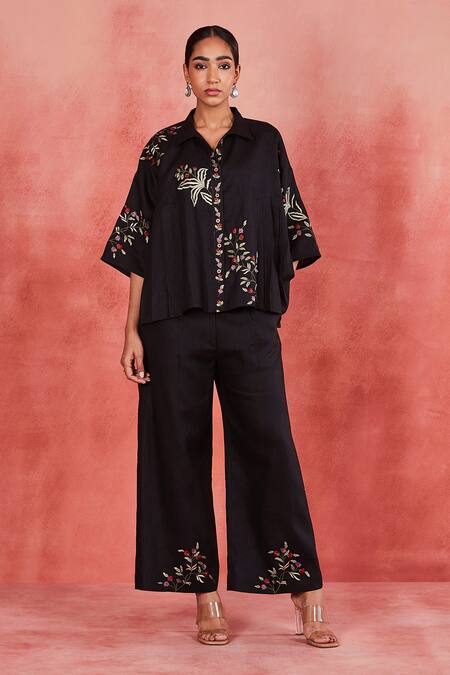 Shop Sue Mue Black Linen Embroidery Collared Eka Threadwork Shirt And Pant Set Online at Aza Fashions Shop_Sue Mue_Black Linen Embroidery Collared Eka Threadwork Shirt And Pant Set _Online_at_Aza_Fashions
