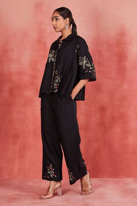 Sue Mue Black Linen Embroidery Collared Eka Threadwork Shirt And Pant Set at Aza Fashions Sue Mue_Black Linen Embroidery Collared Eka Threadwork Shirt And Pant Set _at_Aza_Fashions